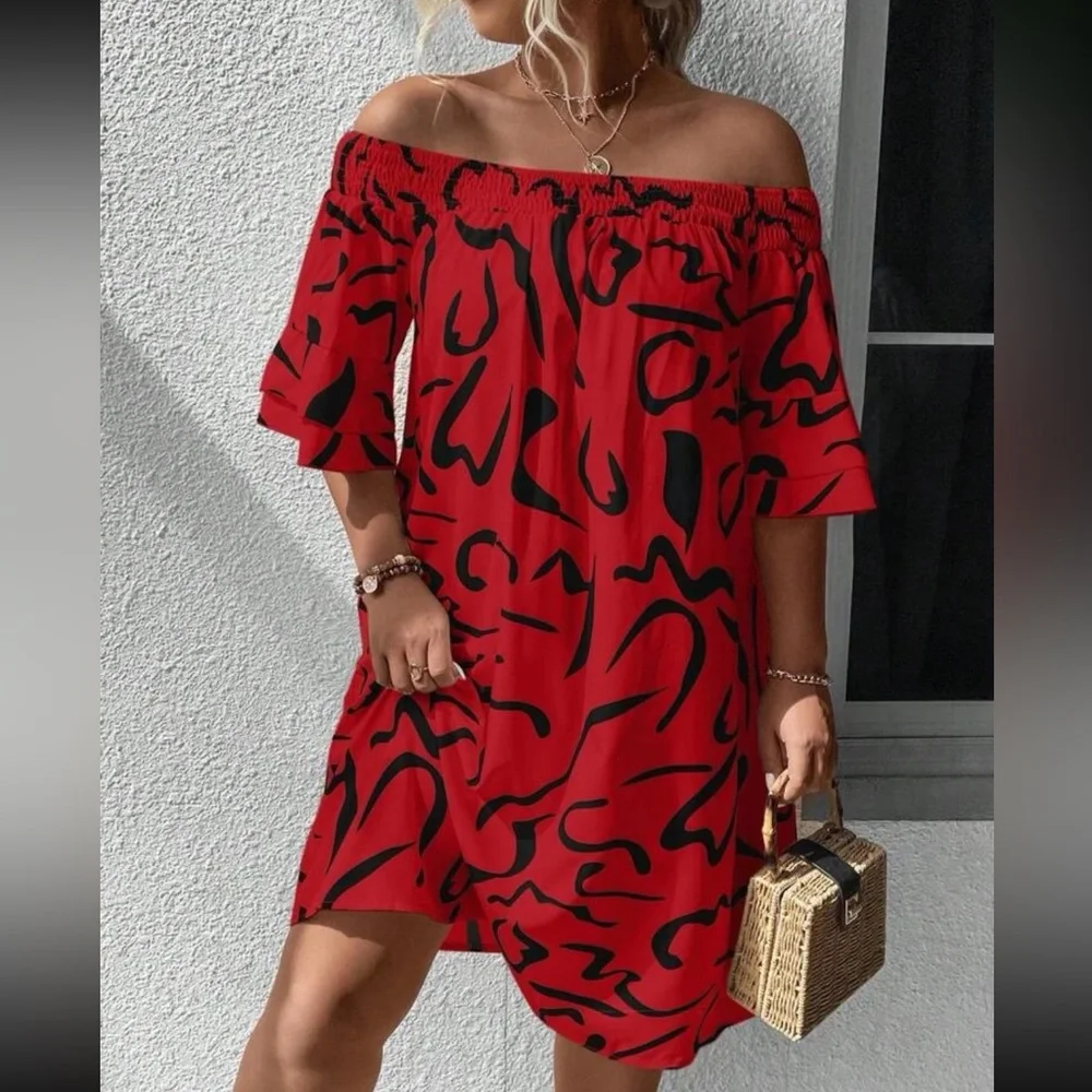 Boho plus size off shoulder flounce sleeve dress - Picture 11 of 12